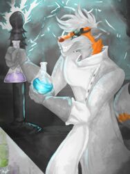  3:4 anthro canid canine canis chemicals clothing coat darkness35wolf digital_media_(artwork) electricity eyewear fluffy fluffy_tail fur gloves goggles grin handwear hi_res insane lineless mad_scientist male mammal rigel_(rigelcentauri) science scientist smile solo tail topwear wolf 