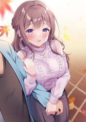  1boy aran_sweater arm_hug autumn_leaves bare_shoulders blush breasts brown_hair cable_knit clothing_cutout commission couple female from_above jewelry large_breasts leaf long_hair long_skirt long_sleeves looking_at_viewer maple_leaf necklace open_mouth original pink_sweater purple_eyes shoulder_cutout skeb_commission skirt smile suzumia_(daydream) sweater swept_bangs taut_sweater 