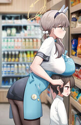  1boy absurdres age_difference angel&#039;s_24_uniform_(blue_archive) animal_ears aqua_apron ass bare_shoulders black-framed_eyewear black_pantyhose black_skirt blue_archive blush breast_rest breasts breasts_on_head convenience_store dishui_tangni fake_animal_ears female from_side glasses halo highres huge_breasts indoors leaning_forward light_brown_hair moe_(blue_archive) onee-shota pantyhose pom_pom_(clothes) rabbit_ears round_eyewear shirt shop skirt standing white_shirt 