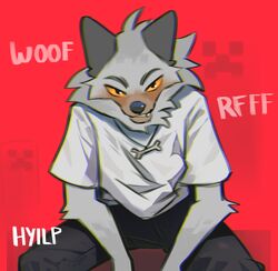  2023 anthro canid canine canis clothed clothing creeper_face digital_media_(artwork) fully_clothed fur grey_body grey_fur hyilpi looking_at_viewer male mammal microsoft minecraft mojang pale_wolf_(minecraft) red_background signature simple_background sitting solo wolf wolf_(minecraft) xbox_game_studios yellow_sclera 