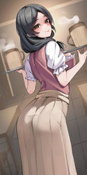  absurdres arched_back blush breasts carla_yeager female fluffyebi01 frilled_sleeves frills highres holding holding_tray large_breasts long_skirt looking_at_viewer looking_back pale_skin parted_bangs pleated_skirt puffy_short_sleeves puffy_sleeves shingeki_no_kyojin short_sleeves skirt smile solo tile_floor tiles tray wooden_cup 