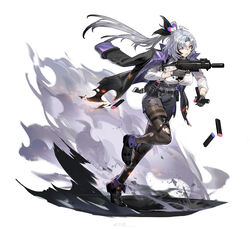  absurdres ahoge ankle_boots apc9k_(girls&#039;_frontline) b&amp;t_apc belt belt_pouch black_belt black_bra black_footwear black_hair black_pantyhose black_ribbon boots bra breasts burnt_clothes cleavage colored_tips female flower flower_request fold-over_boots full_body girls&#039;_frontline gloves grey_hair gun hair_between_eyes hair_flower hair_ornament hair_ribbon highres holding holding_gun holding_weapon id_card jacket jacket_on_shoulders kyo_(krokikyon) lace-trimmed_bra lace_trim large_breasts long_hair long_sleeves lower_teeth_only magazine_(weapon) mole mole_under_mouth multicolored_hair official_art pantyhose parted_lips pouch purple_eyes purple_flower reloading ribbon ringed_eyes running shirt simple_background smoke solo standing standing_on_one_leg streaked_hair suppressor teeth thigh_strap thighband_pantyhose torn_clothes torn_jacket torn_pantyhose torn_shirt trigger_discipline underwear very_long_hair weapon weibo_logo weibo_watermark white_background white_shirt 