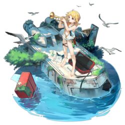  ahoge ankle_ribbon armband barefoot bikini bird blonde_hair blue_armband broken_glass feet female flower flower_request foliage full_body girls&#039;_frontline glass grass highres holding_trumpet instrument instrument_case kinoshita_neko leg_ribbon mask music nagant_revolver_(girls&#039;_frontline) nagant_revolver_(trumpeter_of_the_azure_waves)_(girls&#039;_frontline) nature navel neck_ribbon object_request official_alternate_costume official_art orange_bikini orange_nails partially_immersed partially_unzipped playing_instrument red_eyes ribbon rope scope seagull see-through see-through_mask see-through_vest shadow short_hair_with_long_locks sign simple_background solo standing swimsuit thigh_strap third-party_source toenails toes transparent_background trumpet unworn_mask vehicle_request warning_sign water white_bird white_flower wreckage zipper 