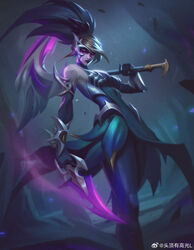  akali angry artist_name blonde_hair chinese_commentary closed_mouth coven_akali female fog forest high_ponytail highres holding holding_weapon league_of_legends lipstick looking_at_viewer makeup multicolored_hair nature official_alternate_costume official_alternate_hairstyle outdoors purple_eyes purple_hair purple_lips signature solo standing touding_you two-tone_hair v-shaped_eyebrows weapon 