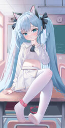  absurdres analog_clock animal_ears arm_support ascot azur_lane black_ascot black_ribbon blue_eyes blue_hair blush book book_stack cat_ears chalkboard chinese_commentary classroom clock closed_mouth collar commentary_request cropped_shirt desk feet female french_text hair_ribbon head_tilt highres indoors janus_(azur_lane) janus_(fear_of_changing...clothes)_(azur_lane) kemonomimi_mode light_smile long_hair long_sleeves looking_at_viewer navel no_shoes o-ring_collar on_desk pantyhose pink_collar pleated_skirt ribbon school_desk sheng_taoren shirt single_ankle_cuff sitting skirt solo stomach toes translated twintails unworn_collar very_long_hair white_pantyhose white_shirt white_skirt window 