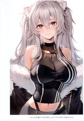  absurdres animal_ears bare_shoulders breasts cleavage closed_mouth female fur_trim grey_eyes grey_hair highres hololive large_breasts long_hair looking_at_viewer midriff off_shoulder scan see-through see-through_cleavage shishiro_botan shishiro_botan_(1st_costume) upper_body virtual_youtuber watao white_background 