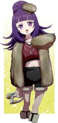  :d black_shorts blunt_bangs brown_hat coat commentary_request cropped_legs cropped_shirt edamame_(buruburu) female fur-trimmed_shorts fur_coat fur_hat fur_trim hanazono_shuka hand_up hat highres holding holding_microphone idol_time_pripara jewelry long_hair long_sleeves looking_at_viewer microphone midriff mini_hat necklace open_mouth ponytail pretty_series pripara purple_eyes purple_hair red_shirt shirt shorts smile solo standing 