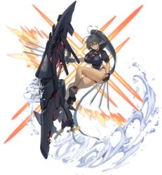  absurdly_long_hair ahoge artist_request azur_lane black_gloves black_hair black_one-piece_swimsuit black_sailor_collar breasts crossover dark-skinned_female dark_skin female fingerless_gloves gloves hair_between_eyes high_ponytail highleg highleg_swimsuit highres homura_(senran_kagura) large_breasts long_hair looking_at_viewer official_art one-piece_swimsuit puffy_short_sleeves puffy_sleeves sailor_collar senran_kagura short_sleeves smile swimsuit tan tanlines thighs very_long_hair weapon yd_(orange_maru) 