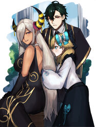  1boy 2girls alternate_hairstyle asymmetrical_horns backless_dress backless_outfit bare_shoulders black_dress black_gloves blonde_hair blue_eyes breasts commentary dark-skinned_female dark_skin dragon_girl dress elbow_gloves fire_emblem fire_emblem:_three_houses fire_emblem_engage gloves gregory_(fire_emblem) hair_down hair_ornament hair_over_one_eye hair_ribbon highres holding_another&#039;s_hair horn_ornament horns jewelry large_breasts long_hair long_skirt long_sleeves looking_at_another madeline_(fire_emblem) mature_female multiple_girls necklace official_alternate_costume open_mouth pointy_ears purple_eyes red_eyes ribbon seinikuten shirt short_hair skirt smile tassel tassel_hair_ornament uneven_horns very_long_hair white_hair white_shirt zelestia_(fire_emblem) 