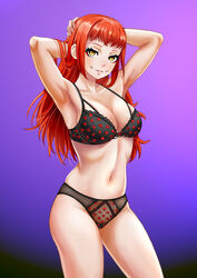  albyee aqua_eyeshadow armpits arms_behind_head arms_up black_bra black_panties bra breasts cleavage commission cowboy_shot english_commentary eyeliner eyeshadow female fire_emblem fire_emblem_engage gradient_background heart heart_bra heart_panties heart_print long_hair looking_at_viewer makeup medium_breasts orange_hair panette_(fire_emblem) panties print_bra print_panties purple_background red_eyeliner short_bangs smile solo stitched_mouth stitches underwear yellow_eyes 