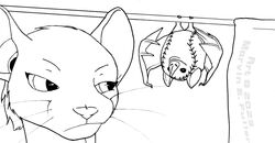  2023 adora_belle ambiguous_gender anthro ball banner baseball_(ball) bat black_and_white cybercorn_entropic dormouse duo female feral fur hair humor mammal membrane_(anatomy) membranous_wings monochrome pun rodent size_difference unimpressed upside-down visual_pun whiskers wings 