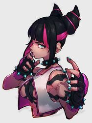  black_gloves black_hair blue_eyes bracelet breasts collar cone_hair_bun double_bun female fingerless_gloves gloves grey_background hair_bun jewelry juri_han kemachiku looking_at_viewer medium_breasts multicolored_hair pink_hair simple_background solo spiked_bracelet spiked_collar spikes street_fighter street_fighter_6 two-tone_hair upper_body 