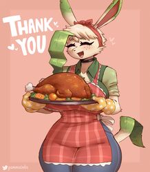  2023 anthro apron artist_name avian big_breasts bird blush breasts clothed clothing detailed detailed_food digital_media_(artwork) eeveelution english_text eyebrows eyelashes female food freckles galliform gammainks generation_4_pokemon handwear happy hi_res holidays leafeon malon_(gammainks) nintendo open_mouth oven_mitts phasianid pokemon pokemon_(species) simple_background smile solo text thank_you thanksgiving thick_thighs turkey wide_hips 