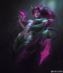  absurdres artist_name branch chinese_commentary claws closed_mouth colored_sclera commentary cowboy_shot dark_background female glowing glowing_eyes highres league_of_legends long_hair looking_at_viewer looking_down monster_girl navel plant_girl red_hair red_sclera shashibaya signature simple_background solo stomach thighs yellow_eyes zyra 