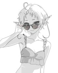  adjusting_eyewear ahoge bikini bikini_top_only blush breasts chih1997a cleavage closed_mouth elf female flat_chest frilled_bikini frills greyscale hand_up looking_at_viewer looking_over_eyewear monochrome mushoku_tensei nail_polish pink_nails pointy_ears short_hair short_hair_with_long_locks smile solo spot_color sunglasses swimsuit sylphiette_(mushoku_tensei) tinted_eyewear white_background 