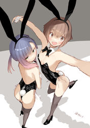  2girls animal_ears ass black_bow black_bowtie black_leotard bow bowtie breasts brown_eyes detached_collar gradient_hair grey_thighhighs highres kantai_collection leotard multicolored_hair multiple_girls orange_hair outstretched_arms playboy_bunny purple_eyes purple_hair rabbit_ears rabbit_tail short_hair short_hair_with_long_locks side-tie_leotard sidelocks small_breasts smile strapless strapless_leotard tail tetsukuzu_(yajirushi_shita) thighhighs thong_leotard tsushima_(kancolle) wrist_cuffs yukikaze_(kancolle) 