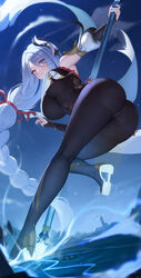  absurdres ass black_c_(net_dust) black_pantyhose blue_eyes bodysuit braid breast_curtain breasts calamity_queller_(genshin_impact) chinese_knot female genshin_impact gloves grey_hair hair_ornament hair_over_one_eye highres knees_together_feet_apart large_breasts legs long_braid long_hair looking_at_viewer pantyhose shenhe_(genshin_impact) solo tassel very_long_hair white_hair 