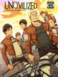  6+boys armin_arlert arms_at_sides bara belt bertolt_hoover blonde_hair body_hair brown_hair brown_jacket bulge chest_belt connie_springer cover cover_page cropped_jacket doujin_cover eren_yeager group_picture jacket jean_kirstein leather leg_belt looking_ahead male_focus mizuki_gai multiple_boys muscular muscular_male pants paradis_military_uniform pectorals reiner_braun shingeki_no_kyojin short_hair skindentation smirk survey_corps_(emblem) three-dimensional_maneuver_gear white_pants 