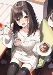  2girls :d :t animal_slippers aran_sweater black_hair black_shirt blush breasts brown_eyes brown_thighhighs cable_knit chair cleavage closed_mouth collarbone commentary_request cup dress feeding food food_on_face hair_between_eyes highres holding holding_plate holding_spoon incoming_food indoors large_breasts long_sleeves looking_at_viewer medium_breasts mont_blanc_(food) multiple_girls nail_polish off-shoulder_sweater off_shoulder on_chair original osana_manaka osana_naruka pentagon_(railgun_ky1206) pink_nails plate pout puffy_long_sleeves puffy_sleeves saucer shirt sleeves_past_wrists slippers smile spoon sweater sweater_dress table tea teacup thighhighs v-shaped_eyebrows white_footwear white_sweater wooden_floor 