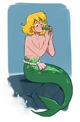  5_fingers adventures_of_the_little_mermaid blonde_hair blush blush_lines border drinking ear_piercing ear_ring femboy fin fingers fish_tail ftm_crossgender green_body green_scales hair hi_res humanoid legless male marina_(adventures_of_the_little_mermaid) marine merfolk mermaid_tail piercing ring_piercing ripushko rule_63 scales simple_background sitting solo split_form tail tail_fin white_border 