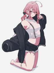  :3 absurdres adjusting_clothes ahoge barefoot black_jacket black_shorts blush bow breasts commentary dot_nose female frayed_shorts hair_behind_ear hair_ornament hairbow highres jacket legs long_hair long_sleeves looking_at_viewer luvluvvox medium_breasts navel off_shoulder original pink_eyes pink_hair shorts sidelocks simple_background single_off_shoulder sleeves_past_wrists solo squatting striped_tank_top symbol-only_commentary tank_top thighs white_background white_tank_top 