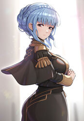  ass black_jacket black_skirt blue_hair blunt_bangs braid breasts brown_eyes commentary_request cowboy_shot crown_braid female fire_emblem fire_emblem:_three_houses garreg_mach_monastery_uniform gonzarez highres jacket large_breasts long_sleeves looking_at_viewer marianne_von_edmund revision short_hair skirt solo standing 