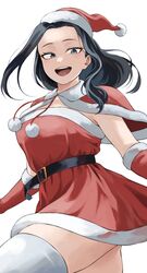  absurdres black_eyes black_hair blue_eyes boku_no_hero_academia breasts capelet christmas dress elbow_gloves female fengling_(furin-jp) fur-trimmed_capelet fur-trimmed_dress fur-trimmed_headwear fur_trim gloves hat highres large_breasts long_hair open_mouth red_capelet red_dress red_gloves red_hat santa_dress santa_gloves santa_hat solo thighhighs white_thighhighs yaoyorozu_momo 