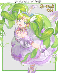  :d bare_shoulders border breasts bubble_skirt colored_eyelashes commentary_request detached_sleeves dress drill_hair falulu falulu_(awakened) female forehead_jewel from_above gears gloves green_hair grey_background grey_eyes headphones highres idol_clothes jewelry long_hair looking_at_viewer murakami_hisashi necklace open_mouth outstretched_arms parted_bangs pink_dress pink_gemstone pretty_series pripara puffy_detached_sleeves puffy_sleeves sidelocks skirt small_breasts smile solo song_name spread_arms standing standing_on_one_leg tiara twin_drills twintails very_long_hair white_border white_gloves wing_hair_ornament 