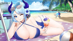  animal_ears astro_(miilkywayz) ball beach beach_towel beachball black_bow blue_eyes blue_flower blue_hair blue_one-piece_swimsuit bow breasts cleavage cocktail_glass cocktail_umbrella commission cooler cow_ears cow_girl crazy_straw criss-cross_halter cup drinking_glass drinking_straw earrings eyewear_on_head female flower food fruit glasses hair_flower hair_ornament hairbow halterneck heart_straw holding holding_cup horns huge_breasts indie_virtual_youtuber innertube jewelry kaiend lemon lemon_slice mascot miilkywayz mole mole_on_breast mole_under_eye mole_under_mouth ocean one-piece_swimsuit one_eye_closed palm_tree purple_horns sand_castle sand_sculpture shadow shore sparkling_eyes star_(symbol) star_print striped striped_bow swim_ring swimsuit towel tree unworn_footwear virtual_youtuber 