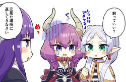  3girls :o animal_collar aura_(sousou_no_frieren) aura_bullying_(meme) black_coat black_gloves black_leotard blue_eyes braid breasts capelet chibi cleavage clothing_cutout coat collar commentary_request curled_horns demon_horns earrings elbow_gloves elf fern_(sousou_no_frieren) frieren gloom_(expression) gloves green_eyes grey_hair hair_over_shoulder half_updo holding holding_leash horns jewelry leash leotard long_hair long_sleeves meme multiple_braids multiple_girls namu76 navel_cutout necklace pointy_ears purple_hair quad_braids quad_tails shirt simple_background sousou_no_frieren straight_hair strapless strapless_leotard striped_clothes striped_shirt sweatdrop translation_request twintails upper_body white_background white_hair 