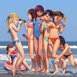  6+girls aqua_bikini bad_id bad_twitter_id barefoot beach bikini black_bikini black_hair blonde_hair blue_bikini blue_eyes blue_one-piece_swimsuit blush bow braid breasts camera closed_eyes corn cup day disposable_cup eating feet food french_braid fruit hair_bobbles hair_ornament hairbow heart heart_hair_ornament highres holding holding_food ikayaki inactive_account innertube jishimaru multiple_girls navel one-piece_swimsuit open_mouth orange_bikini original outdoors pink_bikini popsicle purple_eyes purple_hair side-tie_bikini_bottom sitting small_breasts spilling standing strap_slip swim_ring swimsuit taking_picture toes tripping twin_braids twintails wardrobe_malfunction water watermelon watermelon_bar waves 