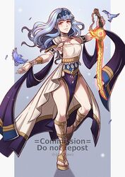  armlet bird blue_hair blutgang_(fire_emblem) breasts choker cleavage commentary dancer_(fire_emblem:_three_houses) dress female fire_emblem fire_emblem:_three_houses fire_emblem_warriors:_three_hopes full_body gladiator_sandals gzei hairband highres holding holding_sword holding_weapon long_hair marianne_von_edmund medium_breasts official_alternate_hairstyle pelvic_curtain sandals single-shoulder_dress solo standing sword thighs weapon white_dress 