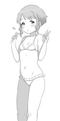  :o bikini blush collarbone commentary dot_nose double_v female flat_chest frilled_bikini frills greyscale hands_up heart highres idolmaster idolmaster_million_live! looking_at_viewer makabe_mizuki minazuki_tooru monochrome navel short_hair sidelocks solo standing stomach swimsuit symbol-only_commentary thighs v wavy_hair white_background 