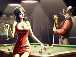  1boy ball bare_shoulders beard billiard_ball billiards black_hair black_headwear blunt_bangs closed_mouth commentary cue_stick dracule_mihawk dress english_commentary facial_hair female hat hat_feather holding holding_cue_stick holding_ticket indoors long_hair moustache nico_robin one_piece open_mouth pool_table red_dress short_hair sideburns sitting sitting_on_table smile table third-party_source ticket zugan_(berugkamp) 