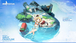  ahoge arm_behind_head armband barefoot bikini blonde_hair blue_armband blue_background breasts broken_glass brown_gloves character_name closed_mouth collarbone commentary copyright_name english_commentary english_text female flower flower_request foliage full_body gem girls&#039;_frontline glass gloves grass highres holding holding_gem instrument_case kinoshita_neko looking_at_object lying mask nagant_revolver_(girls&#039;_frontline) nagant_revolver_(trumpeter_of_the_azure_waves)_(girls&#039;_frontline) nature neck_ribbon object_request official_alternate_costume official_art on_back orange_bikini partially_immersed partially_submerged partially_unzipped promotional_art red_eyes red_gemstone ribbon scope second-party_source see-through see-through_mask see-through_vest shadow short_hair_with_long_locks sign simple_background small_breasts smile solo swimsuit thigh_strap vehicle_request warning_sign water white_flower wreckage zipper 