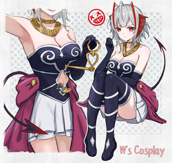  1other absurdres ahoge antennae arknights armpits aura_(sousou_no_frieren) aura_(sousou_no_frieren)_(cosplay) bare_shoulders black_gloves black_shirt black_thighhighs breasts cleavage clothing_cutout commentary_request cosplay doctor_(arknights) elbow_gloves female gloves grey_hair highres holding holding_scale horns jewelry looking_at_viewer medium_breasts mini_person miniskirt multiple_views navel navel_cutout neck_ring pleated_skirt red_eyes runyo_(yale12312) shirt short_hair sitting skirt sousou_no_frieren strapless strapless_shirt tail taketatsu_ayana thighhighs voice_actor_connection w_(arknights) white_skirt 