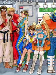  3boys 3girls armor belt black_belt black_hair blonde_hair blue_sailor_collar blue_skirt boots breasts brown_hair cellphone chun-li cleavage cleavage_cutout clothing_cutout collared_shirt double_bun dougi flip-flops flip_phone hair_bun hand_grip helmet highres holding holding_phone indoors japanese_armor kasugano_sakura ken_masters large_breasts long_hair looking_at_another looking_at_phone multiple_boys multiple_girls nishimura_kinu official_art phone pleated_skirt rainbow_mika red-framed_eyewear ribbon ryu_(street_fighter) sailor_collar sandals school_uniform second-party_source shirt shoes short_hair short_sleeves skirt sodom standing street_fighter street_fighter_zero_(series) train train_interior twintails watermark white_footwear white_shirt wrestling_mask wrestling_outfit yellow_ribbon 