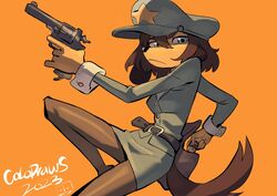  2023 anthro belt blue_eyes bottomwear canid canine canis clothing colo domestic_dog female fur gun handgun hat headgear headwear hi_res holding_gun holding_handgun holding_object holding_pistol holding_ranged_weapon holding_weapon mammal military_hat military_uniform misha_(colo) orange_background peaked_cap pistol ranged_weapon simple_background skirt solo tan_body tan_fur uniform weapon 