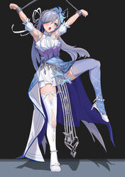  absurdres armpits arms_up asymmetrical_legwear black_background blue_eyes blue_hair bound bound_wrists chinese_clothes commentary_request dress female fu_hua fu_hua_(azure_empyrea) fu_hua_(cerulean_court) full_body grey_hair hair_between_eyes highres honkai_(series) honkai_impact_3rd long_hair mismatched_legwear mmgletmego official_alternate_costume open_mouth restrained simple_background solo standing standing_on_one_leg thighhighs tongue tongue_out wedding_dress white_footwear 