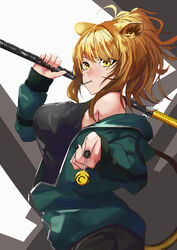  absurdres animal_ears ao_oni_(onioni-aoi) arknights arm_up armpit_crease bare_shoulders black_background black_nails black_shirt blonde_hair breasts brown_hair brown_tail candy commentary_request female fingernails food green_jacket grey_background highres holding holding_candy holding_food holding_lollipop holding_weapon jacket lion_ears lion_girl lion_tail lollipop long_hair long_sleeves looking_at_viewer looking_down looking_to_the_side medium_breasts messy_hair mouth_hold nail_polish off_shoulder open_clothes open_jacket outstretched_arm partially_unzipped reaching reaching_towards_viewer shirt siege_(arknights) siege_(legacy)_(arknights) simple_background sleeveless sleeveless_shirt solo standing tail upper_body weapon white_background yellow_eyes yellow_tail zipper_pull_tab 