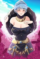  alternate_costume bare_shoulders black_dress blue_hair blue_sky braid breasts brown_eyes choker cleavage commentary cowboy_shot crown_braid day dress female fire_emblem fire_emblem:_three_houses highres ihsnet jewelry long_sleeves marianne_von_edmund medium_breasts necklace off-shoulder_dress off_shoulder outdoors short_hair sky solo standing 