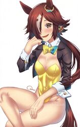  animal_ears aqua_bow aqua_bowtie artist_name bad_id bad_pixiv_id black_jacket bow bowtie breasts brown_eyes brown_hair cleavage commentary_request cropped_jacket crossed_legs crow_(crowatelier) detached_collar ear_ornament female glaze_artifacts gold_leotard hair_over_one_eye highleg highleg_leotard horse_ears horse_girl horse_tail jacket leotard long_hair medium_breasts multicolored_hair nontraditional_playboy_bunny open_clothes open_jacket open_mouth signature simple_background small_breasts smile solo strapless strapless_leotard streaked_hair tail two-tone_bowtie umamusume vodka_(umamusume) white_background white_hair yellow_bow yellow_bowtie yellow_leotard 