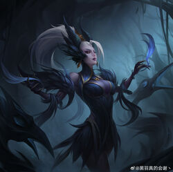  absurdres artist_name branch breasts chinese_commentary coven_zyra earrings female fog forest highres jewelry large_breasts league_of_legends long_hair looking_ahead nature official_alternate_costume official_alternate_hairstyle outdoors parted_lips red_eyes solo standing touding_you tree white_hair zyra 