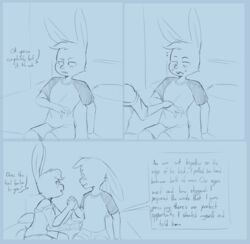  agidyne anthro bed blush bottomwear clothing cousins_(lore) dialogue duo english_text female furniture hand_grab hand_holding head_tuft hi_res implied_incest lagomorph leporid male male/female mammal on_bed open_book rabbit romantic rose_(agidyne) shorts simple_background sitting sitting_on_bed sleeveless_topwear stephen_(agidyne) text tuft 