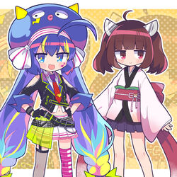  2girls \||/ ahoge arms_at_sides asymmetrical_legwear back_bow belt black_gloves black_jacket blonde_hair blue_eyes blue_hair blunt_bangs blush_stickers bow brown_hair clothing_cutout collared_shirt commentary_request eel_hat facial_mark feet_out_of_frame gloves half-skirt hands_on_own_hips headgear highres huge_ahoge jacket japanese_clothes jitome kimono legwear_garter letterboxed long_hair long_sleeves looking_at_viewer midriff multicolored_eyes multicolored_hair multiple_belts multiple_girls navel necktie obi obijime oerba_yun_fang otomachi_una otomachi_una_(spicy) outline outside_border overskirt partially_fingerless_gloves piano_print pink_kimono pink_thighhighs pleated_skirt polka_dot polka_dot_background print_thighhighs purple_hair purple_skirt red_bow red_eyes red_necktie richard_(richaball) sash shirt short_kimono shoulder_cutout single_fishnet_legwear single_legwear_garter skin_fang skirt smile standing streaked_hair studded_belt studded_bracelet thighhighs touhoku_kiritan twintails v-shaped_eyebrows very_long_hair vocaloid voiceroid white_outline white_shirt white_skirt wide_sleeves yellow_background yellow_pupils zoom_layer 