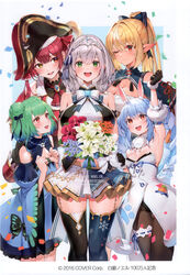  5girls absurdres animal_ears arm_up armpits black_leotard blonde_hair blue_hair blush bow bowtie braid breasts brown_eyes buttons carrot_hair_ornament character_name cleavage confetti cropped_jacket dark-skinned_female dark_skin double_bun dress food-themed_hair_ornament fur-trimmed_dress fur_trim gloves gold_trim gradient_clothes green_eyes green_hair grey_hair hair_bun hair_ornament hairbow hat heterochromia high_ponytail highres holding hololive hololive_idol_uniform houshou_marine houshou_marine_(1st_costume) jacket jewelry large_breasts leotard leotard_under_clothes long_hair looking_at_viewer multiple_girls official_alternate_costume one_eye_closed open_mouth pantyhose pointy_ears pom_pom_(clothes) ponytail puffy_short_sleeves puffy_sleeves rabbit_ears red_eyes red_hair red_jacket scan shiranui_flare shiranui_flare_(1st_costume) shirogane_noel short_sleeves sleeveless sleeveless_jacket small_breasts smile teeth thigh_strap thighhighs thighs tiara twin_braids twintails upper_teeth_only uruha_rushia uruha_rushia_(1st_costume) usada_pekora usada_pekora_(1st_costume) virtual_youtuber watao white_dress white_hair wide_sleeves yellow_eyes zettai_ryouiki 