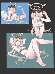  arms_behind_head b_zhan_cm_yang ball barefoot beachball bikini bird blonde_hair blue_archive breasts cleavage detached_sleeves eyewear_on_head feet feet_up female frilled_bikini frills hair_spread_out halo hifumi_(blue_archive) hifumi_(swimsuit)_(blue_archive) highres leaning_forward leg_up legs long_hair looking_at_viewer low_twintails lying medium_breasts multicolored_background multiple_views official_alternate_costume on_back on_stomach one_eye_closed ribbon-trimmed_bikini ribbon-trimmed_swimsuit ribbon_trim round_eyewear side-tie_bikini_bottom simple_background smile sunglasses swimsuit teeth the_pose thighs toenails twintails upper_teeth_only very_long_hair white_bikini winged_halo yellow_halo 