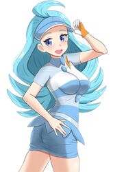  absurdres ahoge ass blue_eyes blue_hair blue_headwear blue_skirt breasts buttons female flipped_hair gloves hand_on_own_hip highres kahili_(pokemon) light_blue_hair long_hair maho_(corotonton5150) medium_breasts mole mole_under_eye pencil_skirt pokemon pokemon_sm shirt short_sleeves single_glove skirt striped_clothes striped_shirt teeth upper_teeth_only visor_cap 