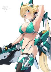  absurdres arm_behind_head arm_up armor armpits bikini bikini_armor black_thighhighs blonde_hair blue_eyes blush breasts cleavage closed_mouth female green_armor green_bikini hair_ornament headgear highleg highleg_bikini highres holding holding_weapon huge_breasts long_hair looking_at_viewer low_twintails mecha_musume nandarobium navel original science_fiction simple_background solo stomach swimsuit thigh_armor thighhighs twintails v-shaped_eyebrows weapon white_armor white_background 