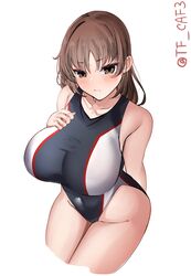  black_one-piece_swimsuit blush breasts brown_eyes brown_hair chiyoda_(kancolle) competition_swimsuit covered_navel female highres kantai_collection large_breasts looking_at_viewer multicolored_clothes multicolored_swimsuit one-piece_swimsuit short_hair sitting smile solo swimsuit tf_cafe twitter_username white_background 